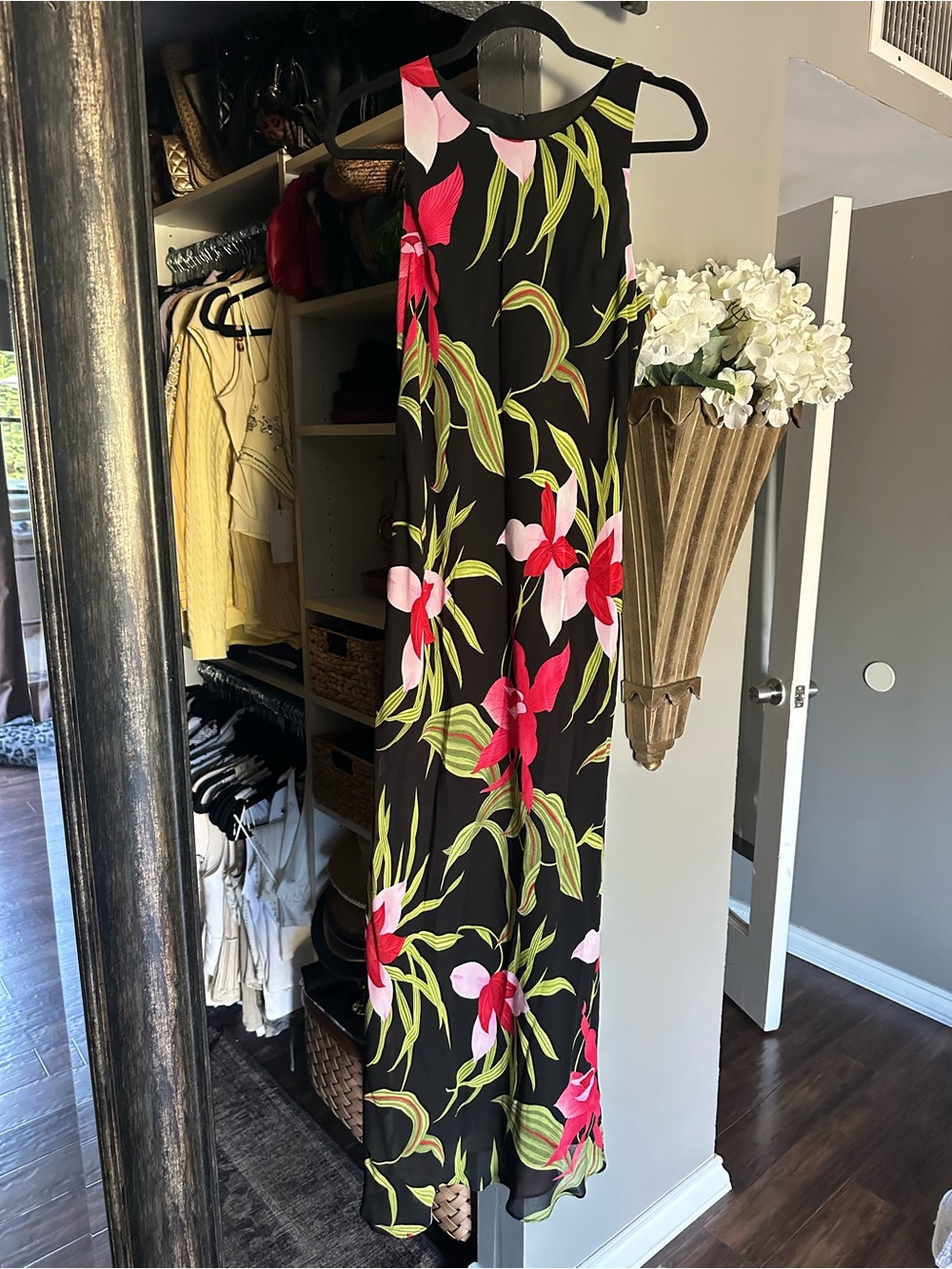 Maggy London Black Maxi Dress with Pink & Red Floral Print